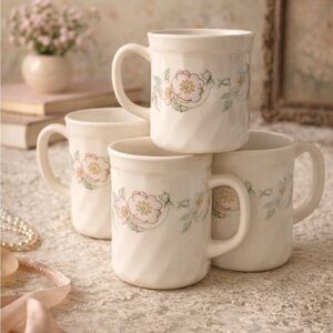 Vintage Milk Glass Coffee Mugs, Champetre, by Arcopal, France - Set of 4